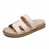 JSWEI Damen Slide Sandal Open Toe Fußbett Sandalen Wildleder Leder Riemen Verstellbare Slide Pantoletten, aprikose, 40 EU