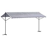vidaXL Freistehende Markise, Gartenmarkise Einziehbar, Standmarkise für Garten Terrasse Balkon, Sonnenschutz, Blau Weiß Stoff Stahl