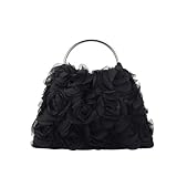 Clutch mit Rosenblüten und Rüschen, für Hochzeit, Abend, Satin-Blume, Clutch für Damen, Schwarz , 1