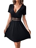 GORGLITTER Damen A-Linie Sommerkleid V-Ausschnitt Skaterkleid Elegant Freizeitkleid Shortkleid mit Spitzen Schwarz L