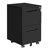 SONGMICS Rollcontainer, mobiler Aktenschrank mit 2 Schubladen, abschließbar, für Bürodokumente, vormontiert, 39 x 45 x 69,5 cm (L x B x H), Mattschwarz OFC52BK