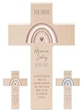 wunderwunsch - Personalisiertes Taufkreuz mit hochwertigem Spezial-Druck aus massivem Buchenholz - Taufe Geschenk - Holzkreuz Taufe (Regenbogen rosa)