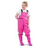 VicBre Kinder-Wathose für Jungen und Mädchen, Reißverschlusstasche,Verstellbare Träger,Rückenschnalle Design,Wasserdichte Regenhose mit Stiefeln, Wathose für Jugendliche,Rosa,28