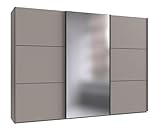Moderner 3-türiger Schwebetürenschrank B300/H216/T65 cm in Sand Grau mit Spiegel mit schwarzen Griffleisten, inkl. Selbsteinzug, Einlegeböden, Kleiderstangen, Schubladen, Wäscheeinteilung / 22020