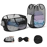 WUFANC Pop Up Wäschekorb Faltbar 2 Stück (34*34*60cm/28*33*59cm) , Wäschekorb Klappbar aus Netzmaterial, Faltbarer Wäschekorb mit Henkel für Badezimmer Camping College Dorm Und Reisen Wäsche(Schwarz)