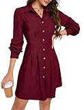 KOJOOIN Blusenkleid Damen Langarm Corduroy Hemdkleid A-Linien Tunika Kleid Minilänge Cordkleid mit Tasche und Knopfleiste Weinrot L
