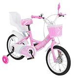 12 Zoll Fahrrad für Mädchen von 2 bis 4 Jahren, Fahrrad für Mädchen und Jungen, Stahl mit hohem Kohlenstoffgehalt, Hilfsräder + Korb, niedliche Aufkleber-Motive Rosa