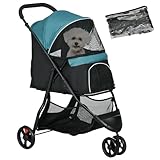 PawHut 2 in 1 Hundewagen Hundebuggy mit Regenschutz klappbar für Hunde & Katzen bis 10 kg Katzenbuggy mit Kissen Netzfenstern Türen Aufbewahrungskorb Katzenwagen Buggy Dunkelgrün