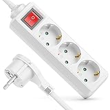 deleyCON 3 Fach Steckdosenleiste mit Flachstecker & EIN/AUS Schalter Mehrfachsteckdose Stromleiste für Innenbereich 3,0 m Kabel Flachkontakt-Stecker Robustes Kunststoffgehäuse Weiß