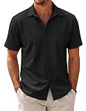 COOFANDY Herren Hemd Kurzarm Business Hemden mit Tasche Freizeihemd Casual Sommerhemd Fischgrätmuster Regular Fit Shirt Schwarz XL