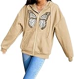 Damen Y2k Vintage Hoodie Grafik Reißverschluss Schmetterling Gesicht Portraitdruck Langarm Pullover Sweatshirt Übergroß Lose Ästhetik Hoodie, aprikose, 42