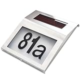 Hopelit Beleuchtete Hausnummer, Hausnummer Beleuchtet Solar mit 2 LED für Außen, Edelstahl Solar Hausnummer mit IP65 Wasserdicht und Dämmerungsschalter, Nummern 0-9 & Buchstaben a-h