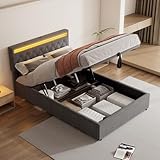 LAKFEW Doppelbett Polsterbett 140x200 cm mit LED-Kopfteil und USB & Typ-C, Bett mit Hydraulisch Stauraum, Bettgestell mit Lattenrost aus Holz, Ohne Matratze, Leinen, Grau