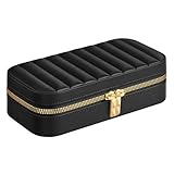 SONGMICS HOME ANAH Kollektion - Schmuckkästchen Reise, Schmuckbox klein, Schmuckaufbewahrung mit Spiegel, 10,5 x 20,5 x 6 cm, PU mit Nähten, Reißverschluss, Geschenkidee, tintenschwarz JBC180B01