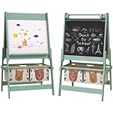 AIYAPLAY Staffelei für Kinder, Schiefer, doppelseitig, Whiteboard, Kreidetafel, Rolle, Papier, 2 Körbe, 54 x 46,5 x 93 cm, grün