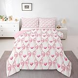Erosebridal Bettwäsche-Set mit Schleife, Queen-Size-Bett für Kinder, Mädchen, Teenager, verträumter Prinzessinnen-Stil, Bettwäsche-Set, rosa niedliche Schleife, geometrisches Tröster-Set,