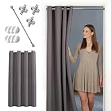 tinycurtains, Türvorhang mit Vorhangstange & Magneten zum Abdichten, einfache Montage ohne Bohren in 1 Min (195 x 150 cm grau + Stange Silber 55-90 cm + 6 Magnete)
