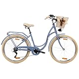 Goetze Mood 26 Zoll Jugendfahrrad, 17 Zoll Tiefeinsteiger Aluminiumrahmen, 6-Gang Kettenschaltung, doppelte V-Bremsen, LED-Beleuchtung, Rattankorb, Komfortsattel, mit Seitenständer & Klingel