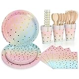 DN DENNOV 168Stück Regenbogen Partygeschirr,Partyzubehör Pappteller Set,Wiederverwendbar Papier Geschirr Set mit Teller Becher Servietten Gabellöffel aus Holz zum Geburtstag,Jubiläums-24Gäste