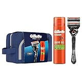 Gillette ProGlide Nassrasierer Herren Geschenkset, 1 Rasierer + 1 Rasierklinge + Fusion Ultra Sensitive Bartpflege Rasiergel 200 ml + Reisetasche, Geschenk für Männer