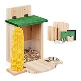 Relaxdays Eichhörnchen Futterhaus, Bausatz, Holz, Eichhörnchenfutterstation mit Maiskolbenhalter & Napf, Natur/grün, 1 Stück
