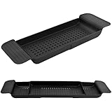 Amexo Badewannen Caddy Tablett Badewannenablage mit Ablaufdesign, Erweiterbares Kunststoff Baderegal Badewannentablett für Weingläser Tablet-Telefone Aromatherapie Kämme Kerze Badeprodukte (Schwarz)