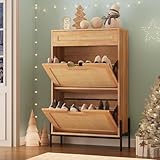 Litake Rattan Schuhkommode 2 Flip Tür mit 1 Schublade, Schuhkipper mit 4 Einstellbar Ablageflächen, Schuhschrank Schmal für Eingang, Schrank, Flur, 61 x 24 x 102 cm