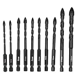 10PCS Carbide Masonry Drill Bits Set | Cross Tip Design for Glass/Tile/Brick | Hex Shank Twist Bits 5-12mm with Rustproof Coating