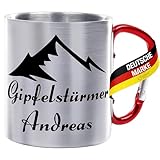 Crealuxe Edelstahltasse mit Karabiner personalisiert – Gipfelstürmer (Wunsch Name) – Kaffeebecher – individuell mit Spruch, Name oder Foto – 330 ml Becher