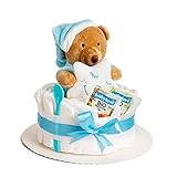 Windeltorte Junge in Blau – Handgefertigtes Baby Geschenk zur Geburt & Taufe mit Kuscheltier, Windeln, Glückwunschkarte – Baby Windeltorte zur Babyparty Geschenkidee