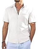 Meilicloth Leinenhemd Herren Hemd Kurzarm Hawaiihemd Button Down Regular Fit Freizeithemd Casual Strand Sommerhemd Shirt Casual Mode Party Strand Weiß L