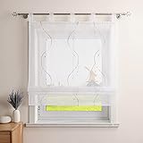 CORLIF Raffrollo Landhaus Raffgardine Küche Modern Schlaufenrollo Leinenoptik mit Wellenmuster Transparente Rollos Kurz Fenster Schal mit Schlaufen B/H 140/140 cm Sand