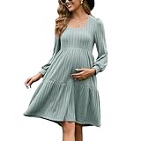 GINKANA Damen Umstandspulloverkleid, quadratischer Ausschnitt, langärmelig, Herbst, lässig, Schwangerschaft, Babydoll, Strickkleid mit Tasche, Grau / Grün, Groß