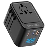 decqle Reiseadapter Weltweit, Universal Reisestecker mit 2 USB-C (PD 20W), 1 USB-A und 1 AC Steckdose, Internationaler Steckdosenadapter, Universaladapter für EU, UK, US, AU (Schwarz)
