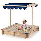 SOARS Sandkasten mit höhenverstellbarem Dach 120x120cm, Sandbox aus Tannenholz mit Sitzbänken, Sandkiste für Garten, Balkon & Strand