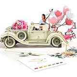 Magic Ants Just Married 3D Pop Up Hochzeitskarte – Just Married mit Oldtimer und Blumenmotiv– Romantische Karte für Braut und Bräutigam, Verlobung, Brautparty, frisch Vermählte, Hochzeitsglückwünsche