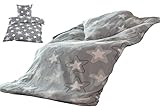 YOUNG DA – Fleece Bettwäsche Sterne Grau Weiß, Microfaser Taupe Flausch Thermofleece, 2tlg.Set Bettbezug 135x200 cm Kissenbezug 80x80 cm