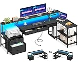 Coleshome Schreibtisch L Form mit Schubladen, 195x100cm Gaming Tisch mit Steckdose, LED & Monitorständer, Reversibler Eckschreibtisch mit Stauraum, Computertisch mit Regal für Büro, Schwarz