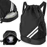 Turnbeutel mit Kordelzug, Wasserdicht Sportbeutel mit Bodenfach, Sportrucksack Gym Bag mit Innentasche, Außentasche, Turntasche für Sport,Reisen und City, Schwimmbeutel Schwarz für Damen Herren