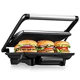 FOHERE Kontaktgrill Panini Maker 2000W Sandwichtoaster Elektrogrill für Panini, Toasts und Steak, Extra Groß Antihaftbeschichtete Platten, Edelstahlgehäuse, Silber