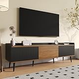 BTM TV Schrank 160cm, TV Unterschrank mit 3 Türen, TV Möbel Kompakt in Schwarz Holz, Lowboard mit Kippschutz & erhöhter Kante Stauraum, Sideboard für Wohnzimmer