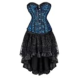 Damen Satin Korsett Klassisch Sexy Korsettkleid Elegant Corsagenkleid Spitzenkleid mit Asymmetrischen Rüschen Abendkleid Gothic Steampunk Corset Dress Cosplay Halloween Kostüm