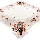 Tischdecke Herbst Mitteldecke Stoff Beige 85 x 85 Tischwäsche Weiß Eule Blatt Terrakotta Pflegeleicht Waschbar