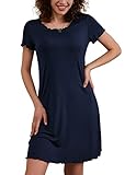 Ekouaer Damen Sommer Nachthemd mit Kruselrndern Kurz Nachtkleid Kurzarm Sleepshirt Rüschen Schlafshirt, Navyblau, L