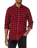 Amazon Essentials Herren Schmal Geschnittenes, Langärmliges Flanellhemd Mit Knopfleiste, Kariert, Schwarz Rot Buffalokaros, M