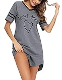 Litherday Nachthemd Damen Nachtwäsche Baumwolle Loungewear Nachtkleid Kurz Negligee Streifen Kurze Ärmel Sleepshirt Kurzarm V-Ausschnitt Sleepwear Bequeme Freizeitkleid, Dunkelgrau, XL