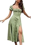 Linsery Damen Puffärmel Split A-Linie Maxikleid Elegant Blumendruck Gerafft Langes Kleid, Grün , Mittel