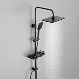 Florenta Regendusche Duschsystem ohne Armatur, Schwarz Duschset mit XXL-Duschablage, Edelstahl Duschstange, 3 Strahlarten Handbrause, Kopfbrause 30 * 20cm