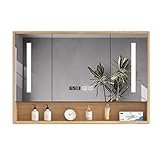 Moderner LED-Badezimmer-Spiegelschrank mit intelligentem Antibeschlag-Touch-Schalter, Zeitanzeige, Holzaufbewahrung, Papierloch, 87 x 12 x 70 cm