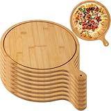 Pizzabrett-Set aus Holz, 8 Stück, runde Pizzateller zum Schneiden, Servieren, leichtes Bambus-Paddeltablett mit Griff